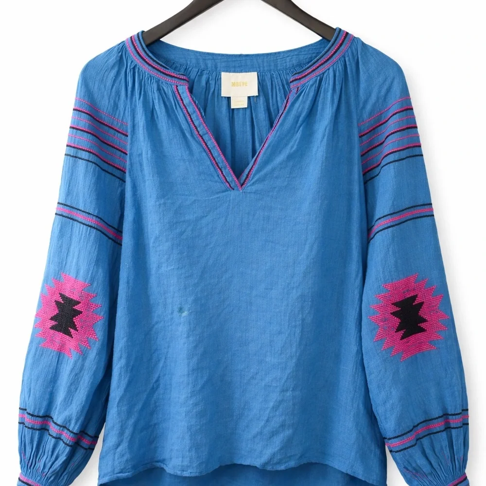 Anthropologie Blue Embroidered V-Neck Peasant Blouse with Pink Accents - Picture 2 of 5